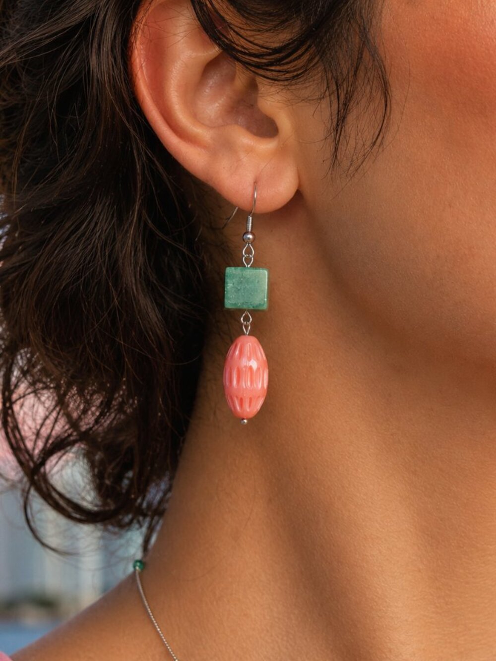 Green Aventurine & Pink Glass Dangle Earrings - 80s Vintage Inspired